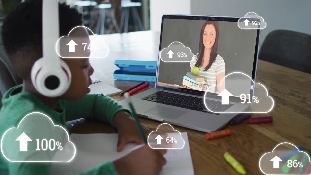 Animation of online digital icons over caucasian woman with smartphone