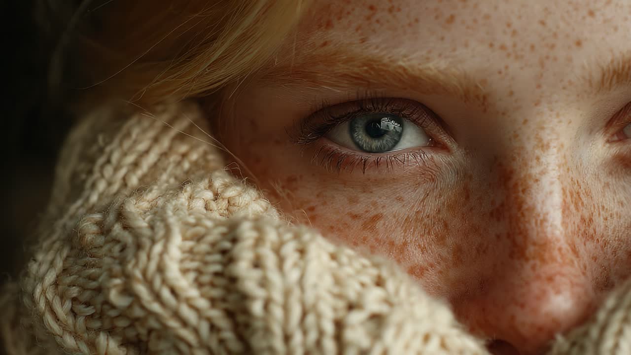 An Intimate Close-Up of a Young Person with Freckles and Blue Eyes Wrapped in a Cozy Knitted Scarf Emphasizing the Unique Beauty and Softness of Their Features