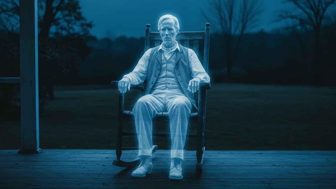 Ethereal Presence: A Ghostly Figure Seated in a Rocking Chair, Illuminated by a Mystical Glow Against a Darkened Twilight Background