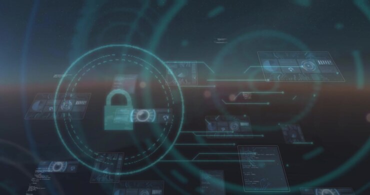 Animation of data processing over dark background