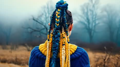 a woman with long braids in her hair standing in a field