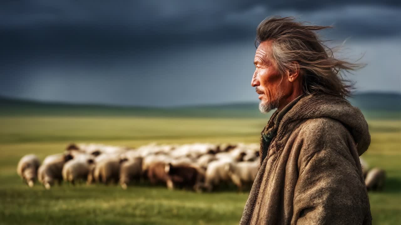 A solitary herdsman stands amidst a flock of sheep, gazing into the distance as dark clouds gather, embodying the essence of resilience against nature's unpredictable moods