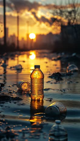 sunset over a polluted area with discarded plastic bottles