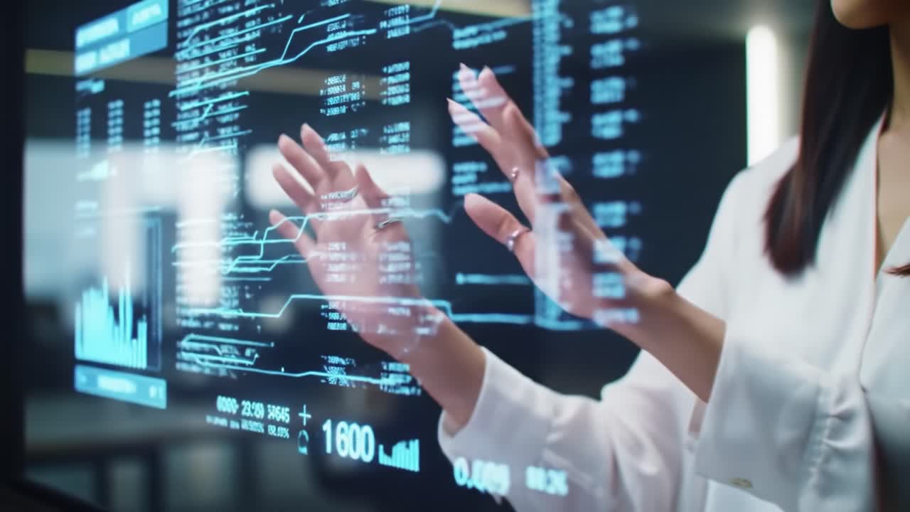 Woman interacting with a futuristic digital display