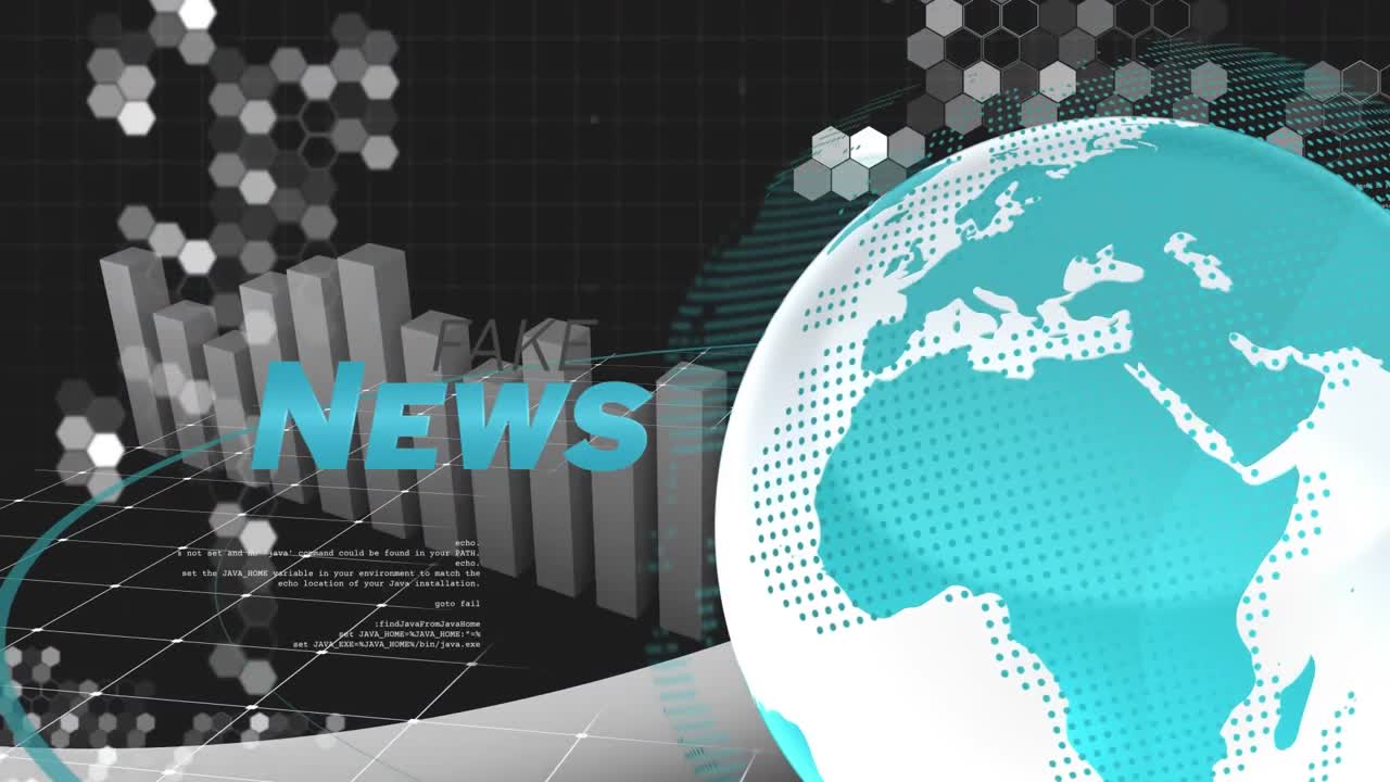 Animación de banner de texto de noticias, globo terráqueo giratorio y procesamiento de datos estadísticos sobre fondo negro.