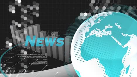 animation of news text banner, spinning globe and statistical data processing on black background