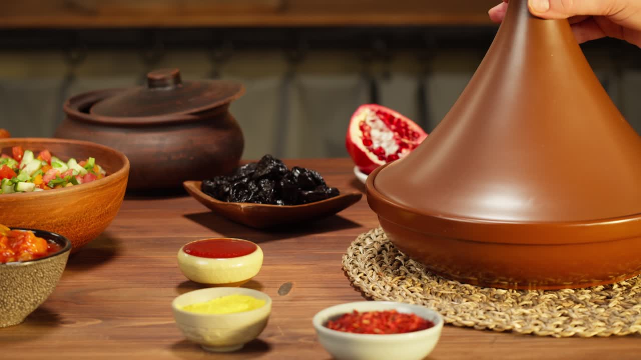 Moroccan cuisine. Tajine, traditional dish made of lamb and eggplant, vegetable salad. Middle eastern culture. Couscous with mutton close-up, delicious rice. Homemade food.