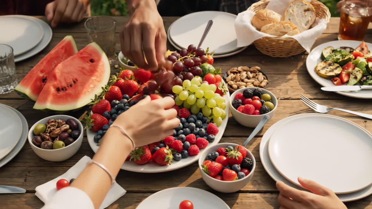 People Enjoying a Vibrant Fruit Platter at an Outdoor Gathering