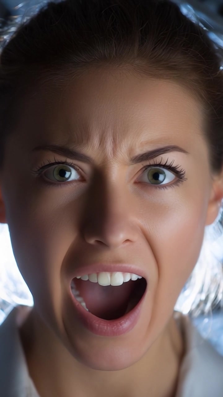 Primo piano drammatico dell'espressione intensa di una donna: rabbia, frustrazione e passione catturate in due fotogrammi di una performance emotiva dinamica