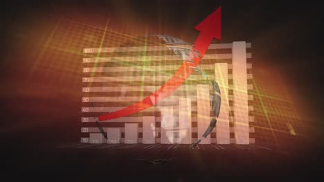 animación del globo del dólar girando sobre el gráfico con flecha roja y procesamiento de datos, sobre fondo oscuro