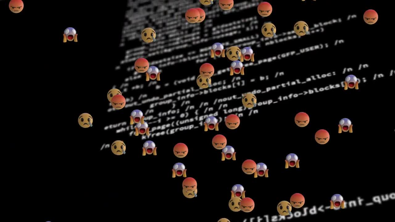 animación de emojis flotando sobre el procesamiento de datos en fondo negro