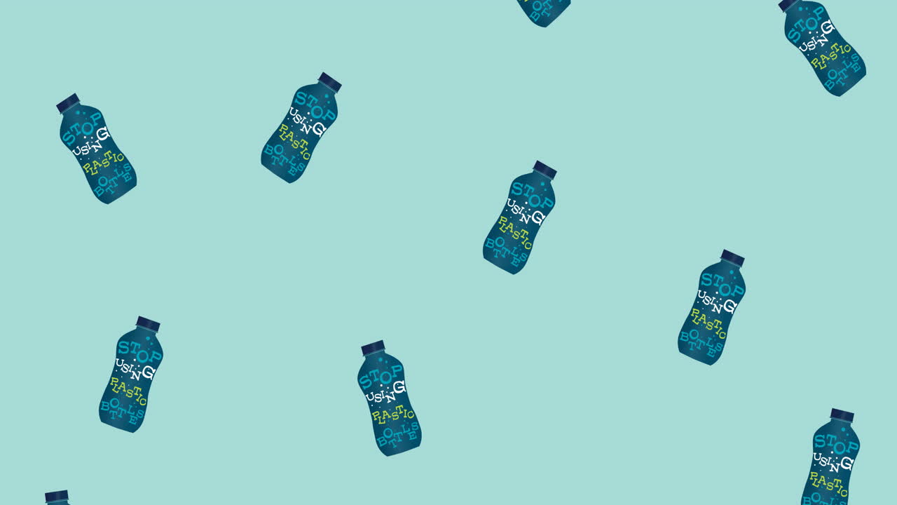 Animaatio "stop using plastic" -tekstistä, useiden putoavien muovipullojen päällä sinisellä taustalla