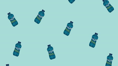animación de texto dejar de usar plástico, en múltiples botellas de plástico que caen sobre un fondo azul
