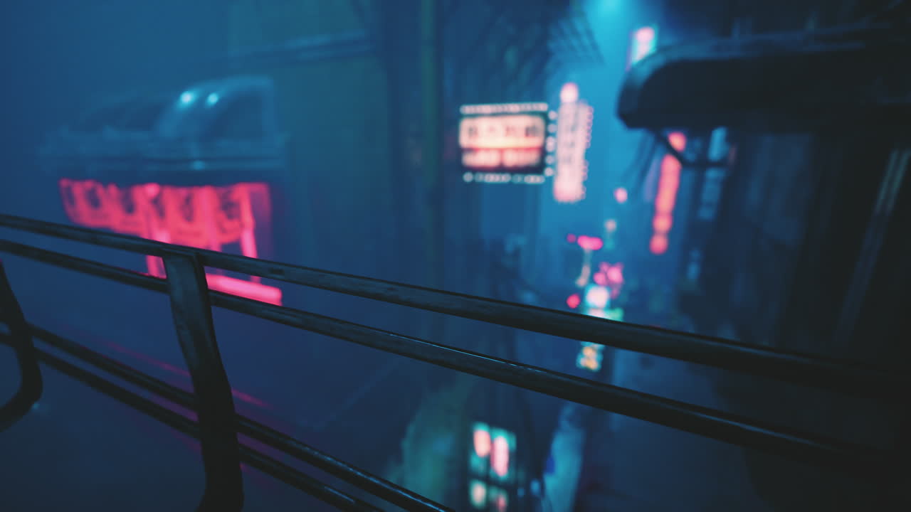 A futuristic cyberpunk city at night with neon lights and glowing buildings