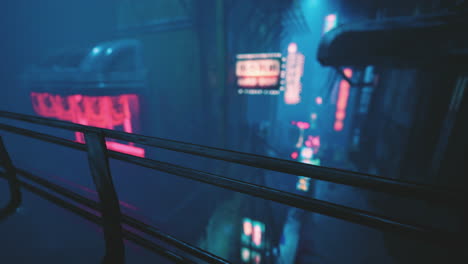 una ciudad cyberpunk futurista por la noche con luces de neón y edificios brillantes