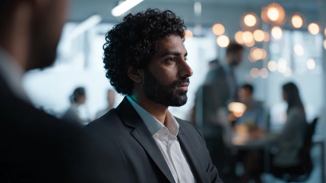 A Thoughtful Moment in a Modern Office Setting: Introspection and Contemplation Captured in Two Frames of a Reflective Individual Amidst a Busy Workplace