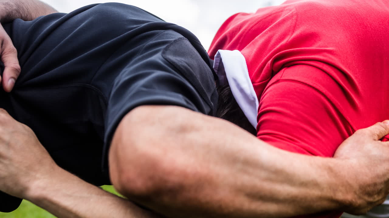 스타디움에서 다양한 남성 럭비 선수들의 애니메이션