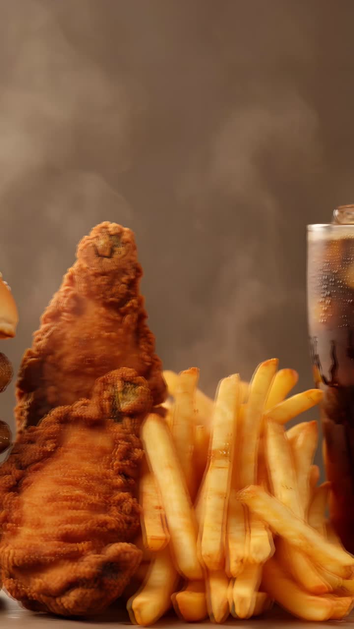 Hamburger 4K Fast Food con pollo fritto croccante e patatine fritte. Sfondo cinematografico.