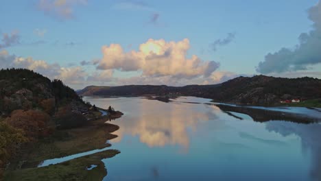 Beautiful-river-fjord-and-mountains-at-Bohuslän,-Sweden-close-to-Nordens-Ark--Aerial