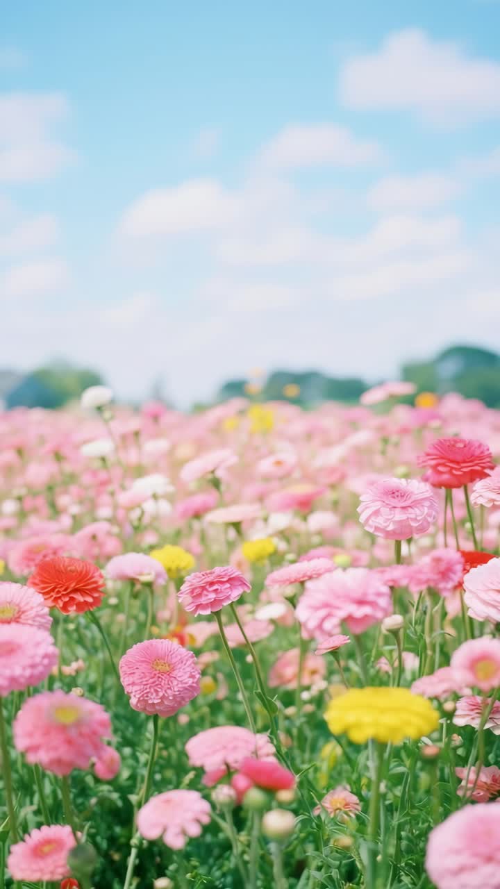 Vivace campo di fiori rosa e gialli sotto un cielo azzurro limpido, ripreso da una angolazione bassa, perfetto