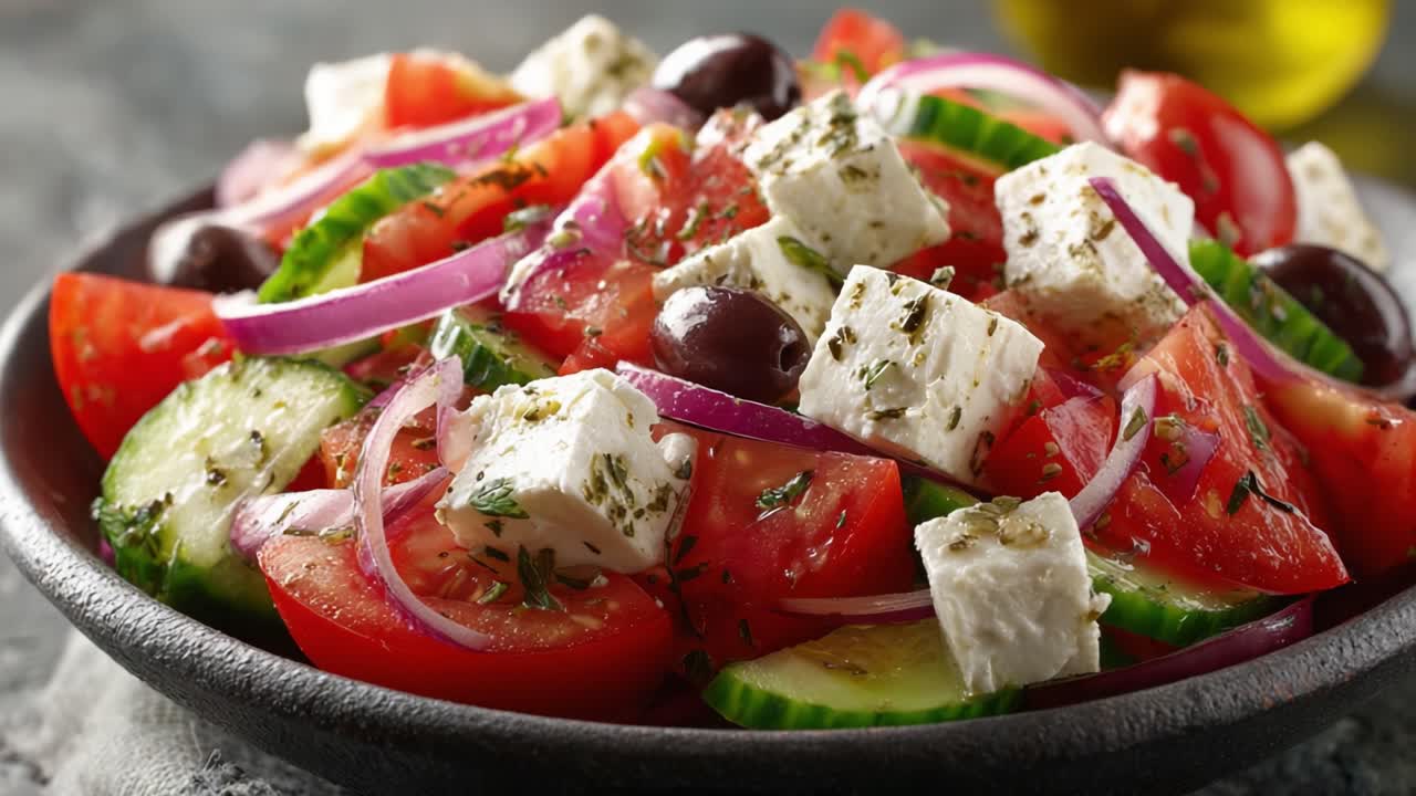 A Colorful and Fresh Mediterranean Salad Featuring Tomatoes, Cucumbers, Red Onions, Feta Cheese, and Olives, Perfectly Tossed with Herbs and Olive Oil for a Refreshing Dish