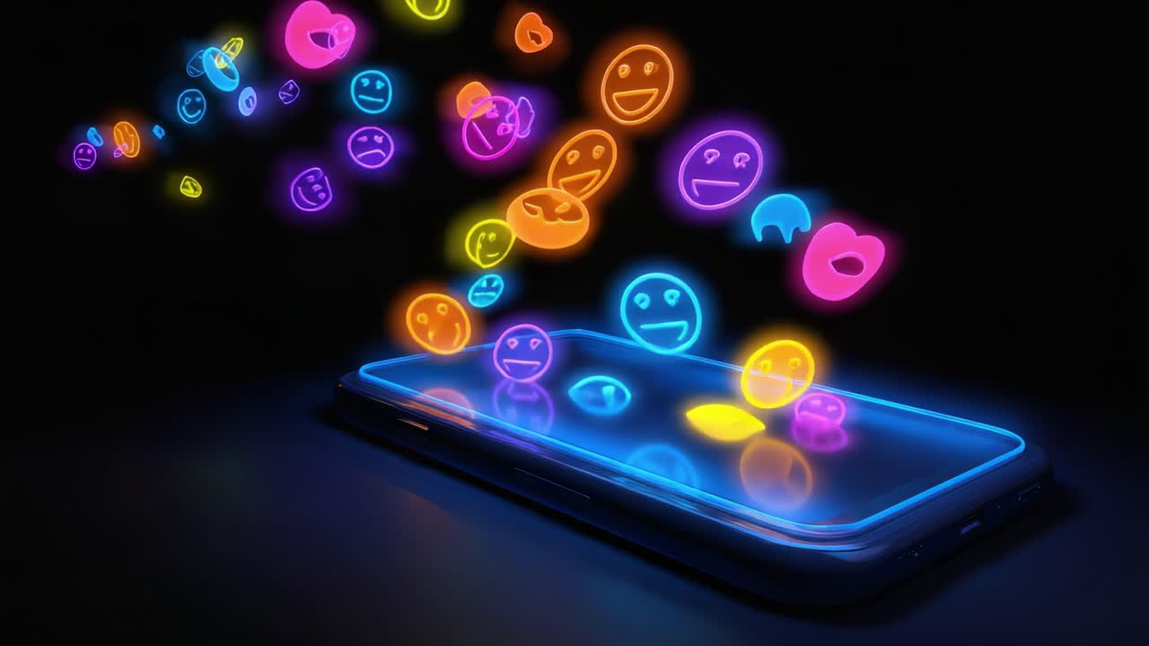 Un vivace flusso di emoji animate fuoriesce da un elegante smartphone, mostrando una serie di espressioni colorate che riflettono i diversi stati d'animo e le emozioni della comunicazione digitale.