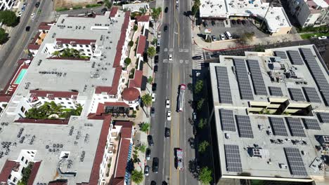 Aerial-View-of-Firetruck-Moving-on-Ventura-Boulevard,-Sherman-Oaks,-Los-Angeles-CA-USA