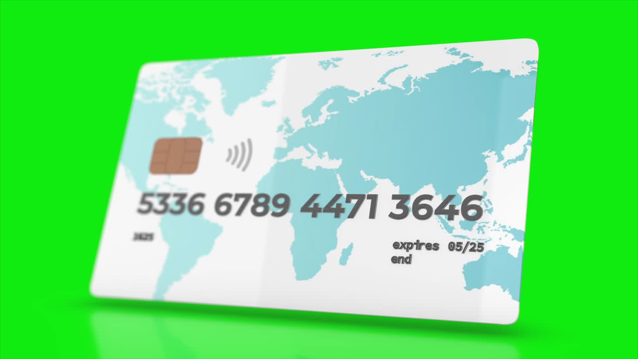 animación 3d de una tarjeta de crédito con un chip con canal alfa. concepto de compras de mercado de negocios.