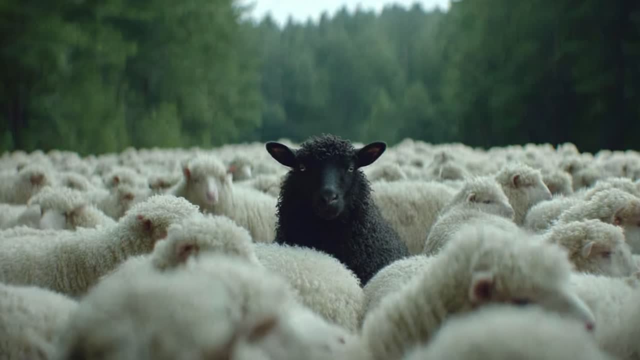 A solitary dark sheep stands out in a sea of white sheep, encapsulating uniqueness in nature amidst a lush, green landscape in this captivating visual narrative