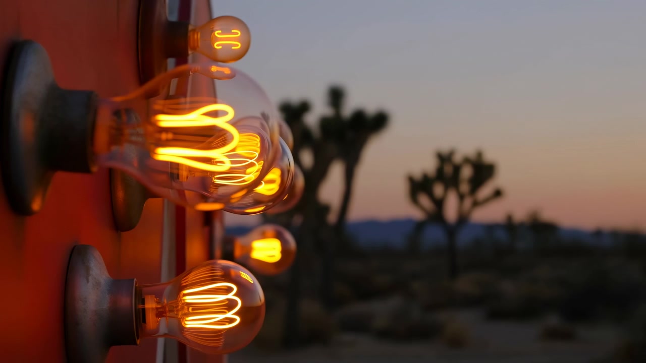 Primo piano di lampadine di vetro trasparente montate lungo una parete, con un paesaggio desertico leggermente sfocato, sagome di palme e un caldo cielo serale sullo sfondo.