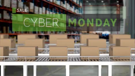 Animación-Del-Texto-Del-Cyber-Monday-Sobre-Cajas-De-Cartón-En-Cintas-Transportadoras.