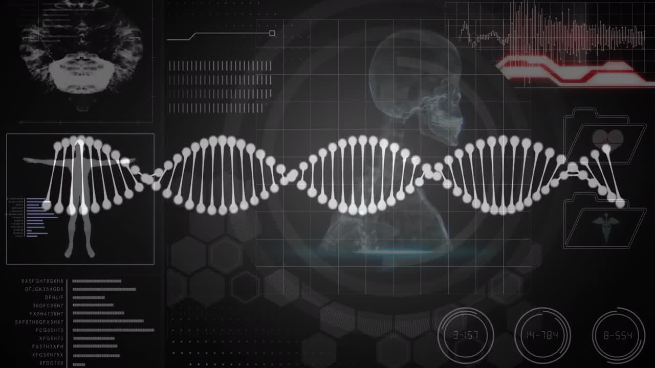 Animation of dna strand over data processing and digital human