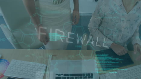 Animación-De-Texto-De-Firewall-Y-Lenguaje-Informático-Sobre-Diversas-Compañeras-De-Trabajo-Discutiendo-En-El-Escritorio.