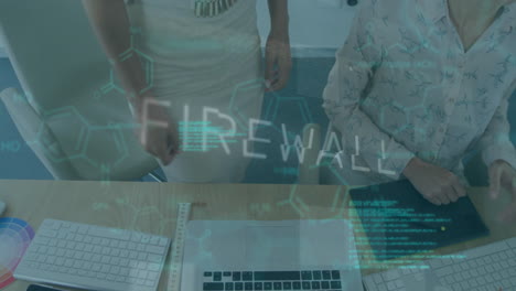 animation of firewall text and computer language over diverse female coworkers discussing on desk