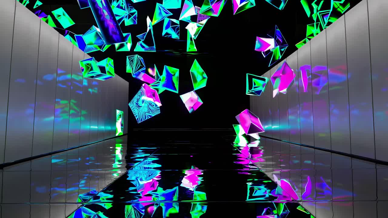 Abstract Neon Light Tunnel with Geometric Projections