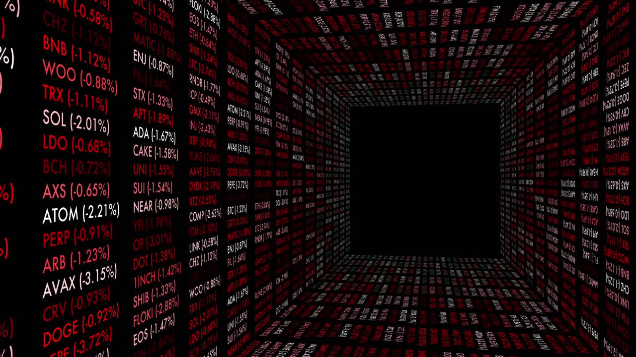 Aggressive red digital tickers cascade through a tunnel showing crypto market panic