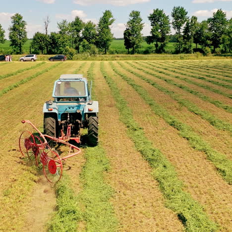 agricultural process with green grass in the field. tractor is working in summer on the grassland in a sunny day.