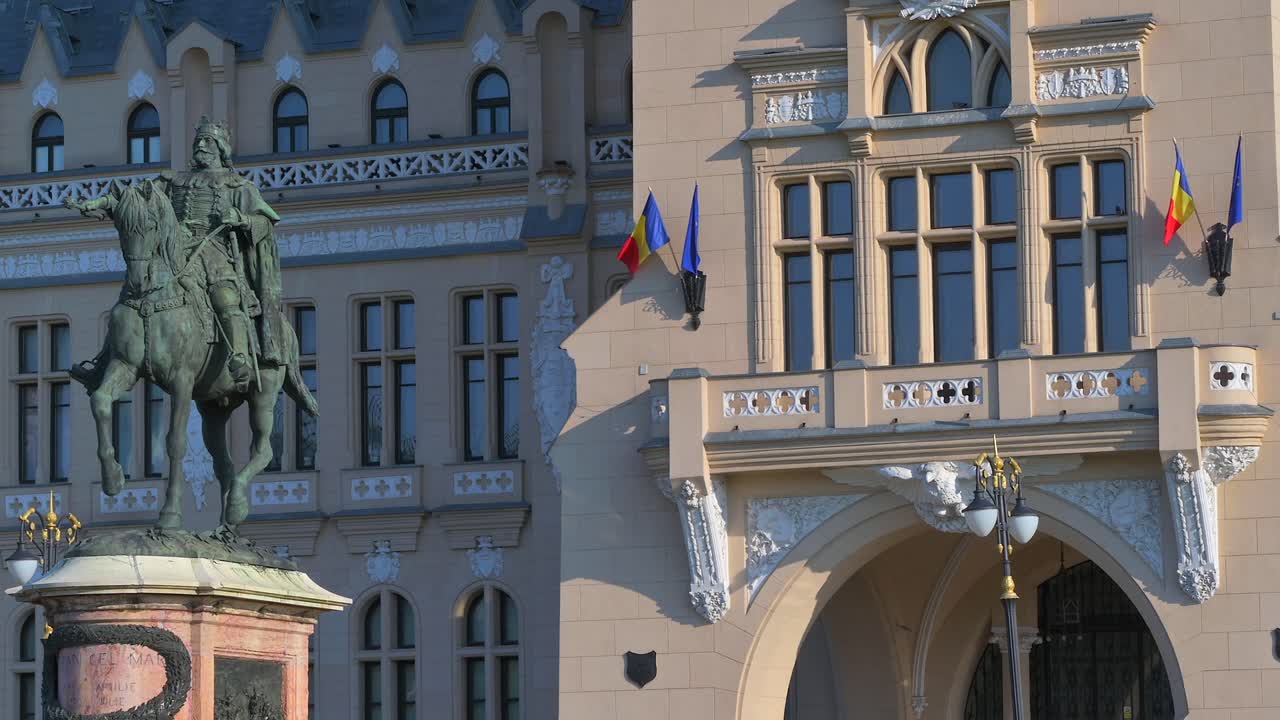Iasi, Romania - April 25, 2021: Stephen the Great monument in front of the Palace of Culture