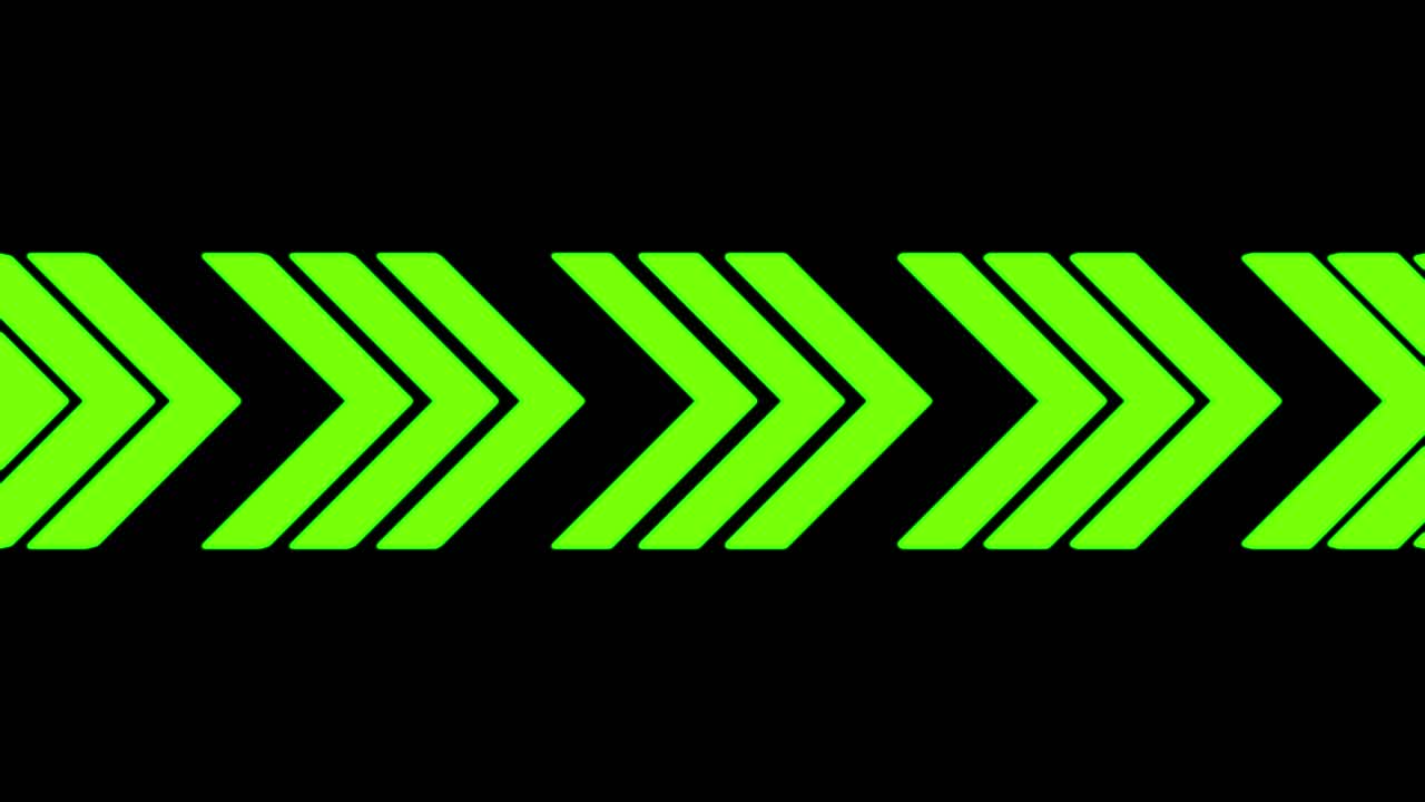Frecce a chevron verdi luminose si muovono continuamente all'indietro su uno sfondo scuro in questa animazione cinetica.