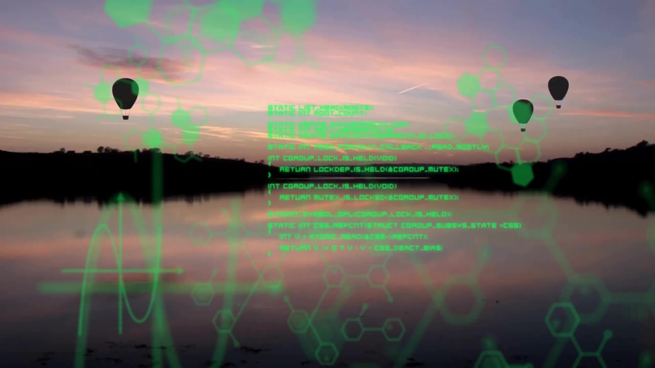 Sunset lake reflecting clouds, showing neon green hexagons and sine-wave graph with balloon icons