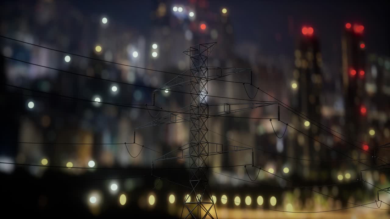 High Tension Power Lines With Digital Overlay And City Silhouette