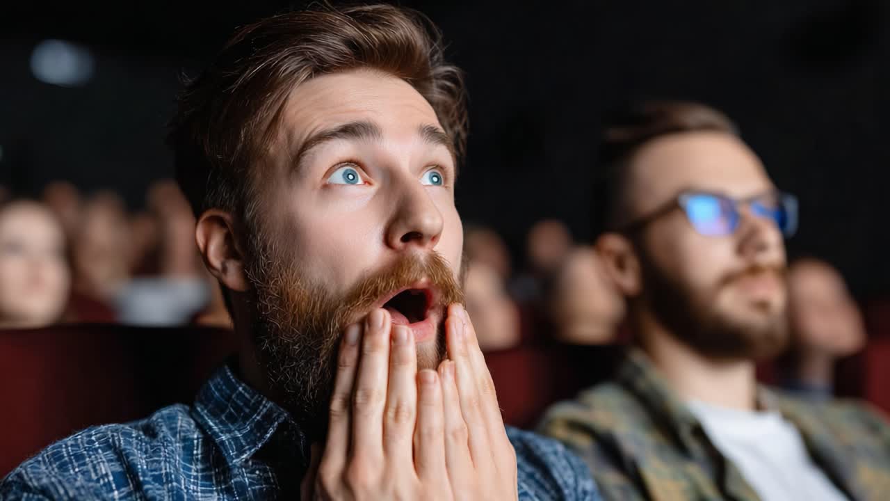 An Emotional Journey: Capturing the Raw Reactions of Two Friends Watching an Intense Movie Scene in a Cinematic Setting