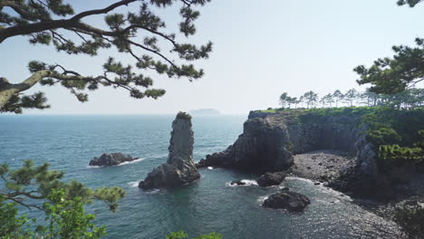 overlooking oedolgae rock on jeju island, south korea, during springtime, wide shot in 4k.