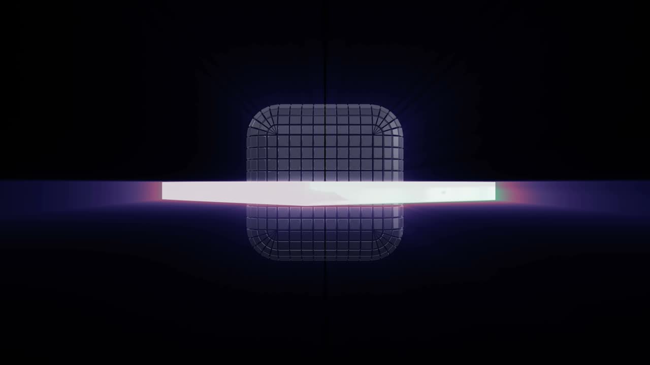 세그먼트에서 구성된 미래의 큐브의 회전 - 큐브를 중심으로 움직이는 네온 도 프레임 - 무결한 패턴