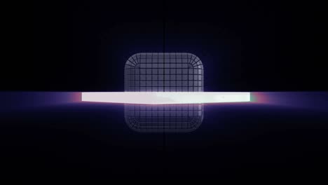 giro de un cubo futurista construido a partir de segmentos. marco orbital de neón moviéndose alrededor del cubo. patrón sin costuras.