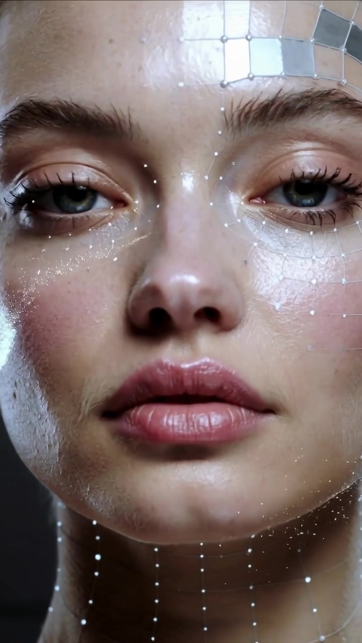 Vertical video: Closing model's eyes while camera zooming in studio, showing tiles and beads for ad