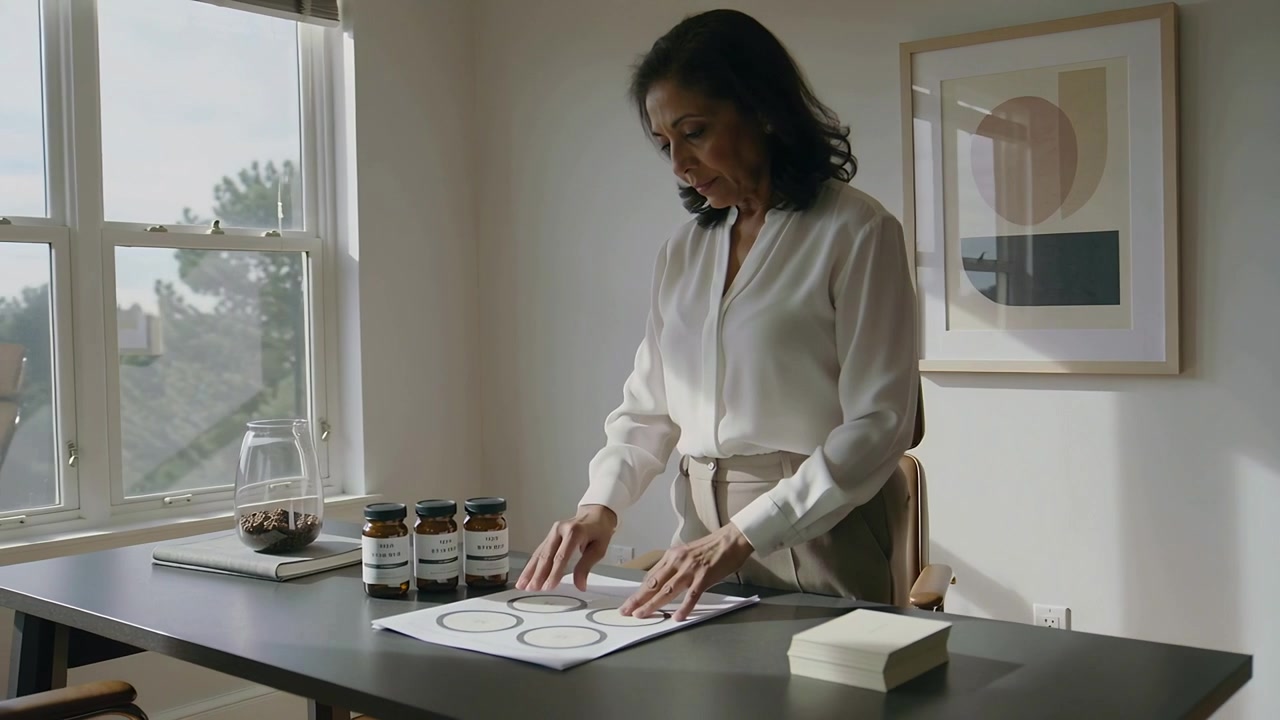 Reaching for amber bottles, woman in white top arranging, smoothing paper at home office for layout