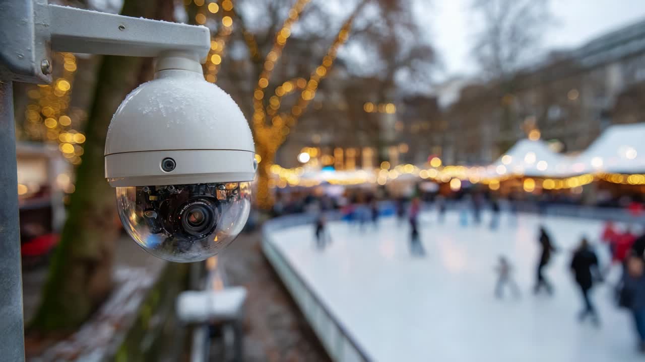 A snow-covered surveillance camera captures the festive ambiance of an ice skating rink surrounded by twinkling lights and cheerful skaters, highlighting the winter season's joy and security measures