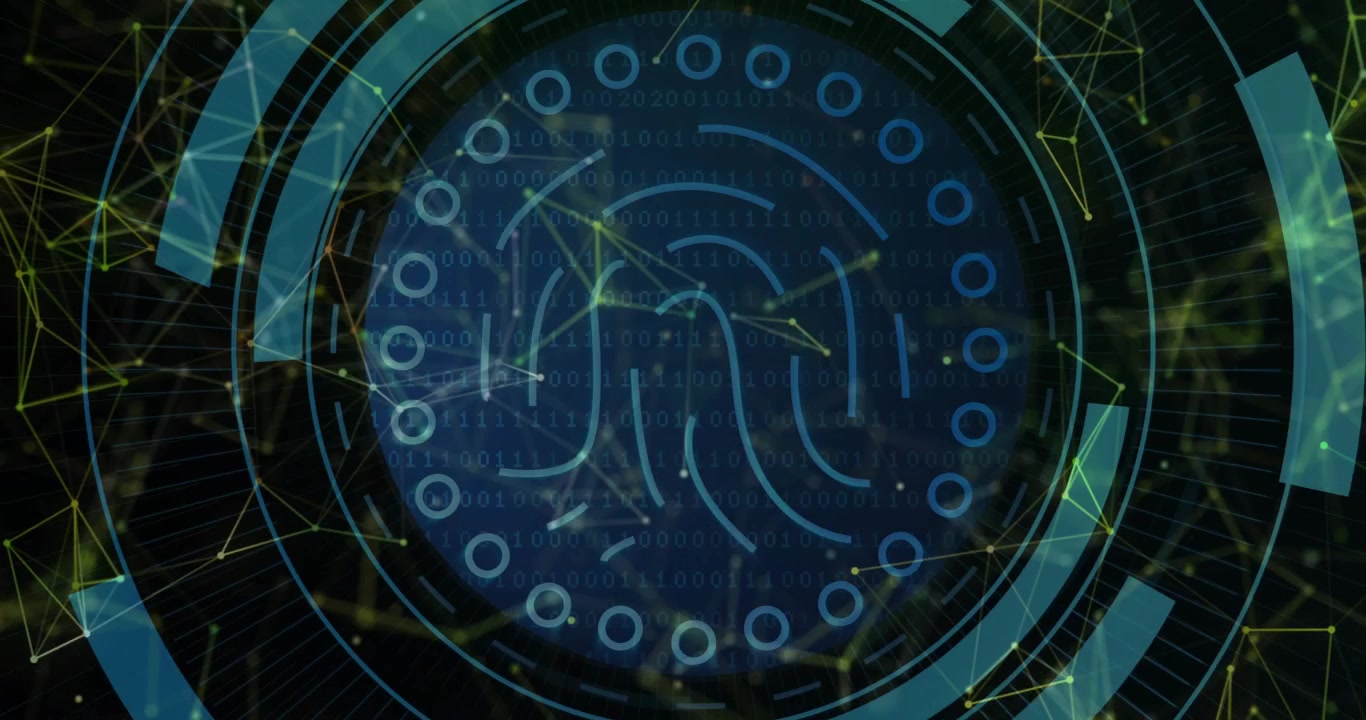 drifting nodes starting rotating arcs rings forming pulsing fingerprint scanner for authentication