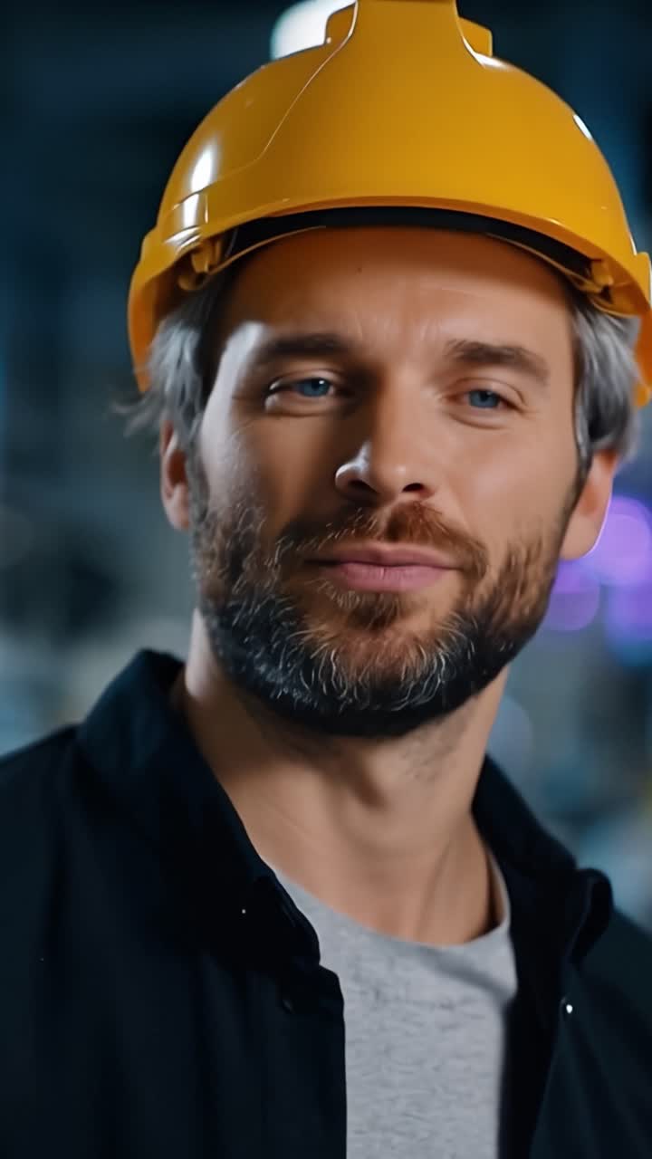 Man in hard hat smiles warmly at camera. He wears dark jacket over grey tee. He looks down at tablet device. Hands hold tablet steady. Blue eyes meet viewer with calm confidence